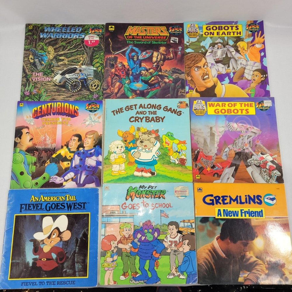 1980s Kids 9 Vintage Book Lot by Gobots Gremlins Centurions MOTU Wheeled Warrior